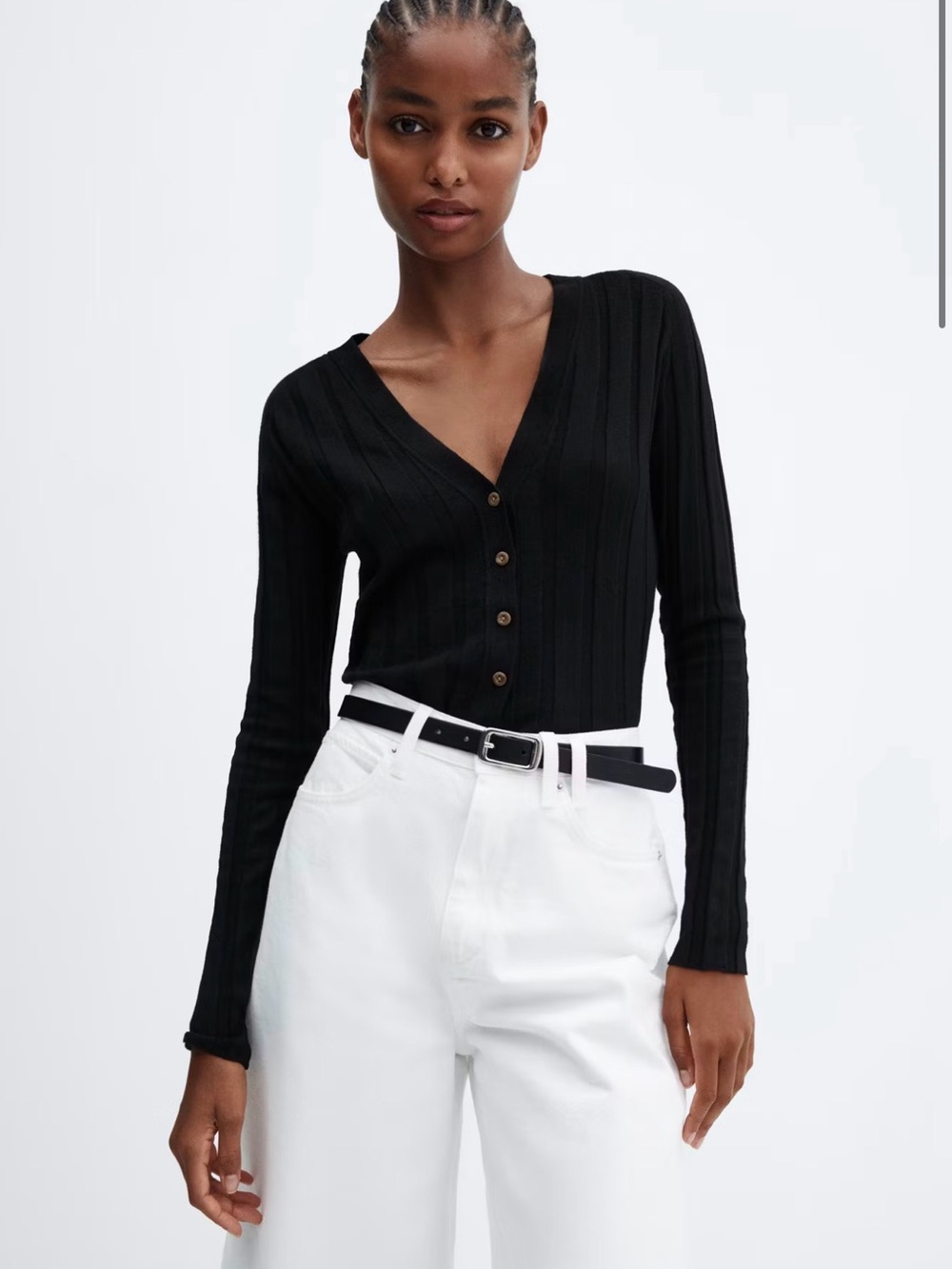 Mango Black Ribbed V-Neck Button-Down Top